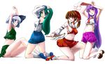  alternate_costume animal_ears armpits arms_up blue_eyes breasts brown_eyes brown_hair bunny_ears camisole detached_sleeves gohei green_hair hakurei_reimu highres kneeling kochiya_sanae konpaku_youmu loafers long_hair mary_janes medium_breasts midriff multiple_girls navel necktie no_bra no_socks pleated_skirt purple_eyes purple_hair reisen_udongein_inaba shoes short_hair sideboob silver_hair sitting skirt small_breasts touhou very_long_hair white_hair yuni_(manyutin) 