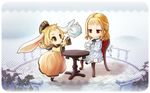  animal_ears blonde_hair braid chibi cup hat highres kanihira multiple_girls original rea-sama red_eyes teacup teapot usausa_(kanihira) 