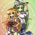  ahoge alternate_hairstyle blonde_hair braid breasts detached_sleeves frog green_eyes green_hair hair_ornament hand_on_headwear hat headwear_switch kirisame_marisa kochiya_sanae long_hair medium_breasts multiple_girls small_breasts snake touhou umigarasu_(kitsune1963) witch_hat yellow_eyes 