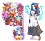  apron blue_hair bow breasts hair_bow hair_ornament kara_(color) long_hair maid mask medium_breasts multiple_persona orange_eyes red_eyes rocbouquet_(saga) romancing_saga romancing_saga_2 saga simple_background thighhighs upper_body white_hair 