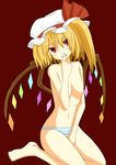  bad_id bad_pixiv_id barefoot between_legs blonde_hair blush fang finger_licking finger_to_mouth flandre_scarlet hand_between_legs hat hatomaru head_tilt licking panties red_eyes smile solo striped striped_panties tongue tongue_out topless touhou underwear underwear_only wings 