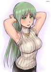  armpits arms_up green_eyes green_hair higurashi_no_naku_koro_ni long_hair sleeveless sleeveless_turtleneck solo sonozaki_shion sweater turtleneck zenkou 