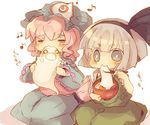  bad_id bad_pixiv_id blue_eyes cannibalism chibi chopsticks eating food ghost hairband hat hitodama konpaku_youmu konpaku_youmu_(ghost) masirosu mochi multiple_girls musical_note pink_hair saigyouji_yuyuko shiruko_(food) short_hair tears touhou wagashi 