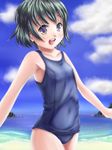  bad_id bad_pixiv_id flat_chest green_hair one-piece_swimsuit original phazer red_eyes school_swimsuit short_hair solo swimsuit 