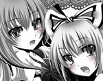  bad_id bad_pixiv_id blush fang fujiwara_no_mokou greyscale hair_ribbon hakomonotown kamishirasawa_keine monochrome multiple_girls open_mouth ribbon smile touhou 