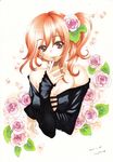  bad_id bad_pixiv_id bare_shoulders blush breasts brown_eyes cleavage colored_eyelashes colored_pencil_(medium) eyelashes fingernails flower hair_flower hair_ornament hands lips looking_at_viewer marker_(medium) medium_breasts mosho off_shoulder orange_hair original petals pink_flower pink_rose rose short_hair side_ponytail signature sleeves_past_wrists smile solo traditional_media upper_body watercolor_(medium) 