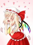  ascot blonde_hair blush closed_eyes fangs flandre_scarlet hanazome_dotera hands_on_own_face hat hat_ribbon heart ribbon side_ponytail smile solo touhou wings 