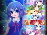  achi_cirno alternate_color alternate_element bad_id bad_pixiv_id blush bow cirno column_lineup dress dual_persona electricity fang fire fujisaki_kaon hair_bow hapa_cirno highres ice ikazu_cirno leaf mizu_cirno multiple_girls ribbon short_hair smile touhou wallpaper water wings 