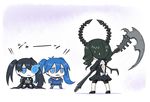  baragon black_rock_shooter black_rock_shooter_(character) blue_eyes blue_hair chibi dead_master imaichi_moenai_ko kobe_shinbun long_hair multiple_girls scythe twintails 