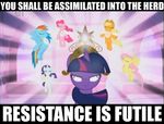  applejack_(mlp) assimilation blue equine evil female feral fluttershy_(mlp) friendship_is_magic hair horns horse my_little_pony pegasus pinkie_pie_(mlp) pony rainbow_dash_(mlp) rainbow_hair rarity_(mlp) resistance_is_futile twilight_sparkle_(mlp) unicorn wings 