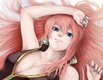  arms_up bare_arms bare_shoulders blue_eyes breasts cleavage large_breasts long_hair megurine_luka nail_polish no_armwear no_headgear pink_hair retsuna sleeveless smile solo vocaloid 
