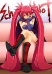  arcana_heart arcana_heart_3 blush boots breasts cape character_name cleavage crossed_legs large_breasts legs long_hair long_legs red_hair scharlachrot sitting solo suzuna_(najaran) thighs twintails very_long_hair 