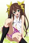  bare_shoulders blush brown_hair fang green_eyes hair_ribbon highres huang_lingyin infinite_stratos legs long_hair long_legs mokke_(mokke99) navel open_mouth panties panty_pull ribbon shirt sitting socks solo thighs twintails underwear undressing very_long_hair 