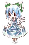  bad_id bad_pixiv_id blue_dress blue_hair blush bow chibi cirno curtsey dress hair_bow kuromame_(8gou) skirt_hold smile solo touhou wings 