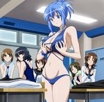  bikini blue_eyes blue_hair breast_grab breasts genderswap genderswap_(mtf) grabbing groin highres kampfer large_breasts multiple_girls school_uniform senou_natsuru stitched swimsuit third-party_edit 