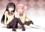  akemi_homura black_hair black_legwear blush hair_ribbon hairband kama_iruka kaname_madoka long_hair mahou_shoujo_madoka_magica mitakihara_school_uniform multiple_girls pantyhose pink_eyes pink_hair plaid plaid_skirt purple_eyes ribbon school_uniform short_twintails sitting skirt thighhighs twintails white_legwear yokozuwari 