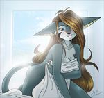  bed blue_eyes blush breasts brown_hair canine cheru cherushi cleavage covering_self face_markings female hair hybrid jackal long_brown_hair long_hair looking_at_viewer morning nude sheets smile solo tail window 