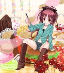  apple arm_support blush boots cake candy candy_apple checkered checkered_floor cheese cherry chocolate chocolate_bar cookie cup denim denim_shorts food french_fries fruit halftone hamburger holding hood hoodie in_food knee_boots konpeitou kyubey lettuce long_hair macaron mahou_shoujo_madoka_magica navel oversized_object pink_hair pocky ponytail red_eyes sakura_kyouko sakuragi_akira shorts sitting snowflakes solo strawberry taiyaki tiered_tray tomato wagashi when_you_see_it 