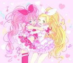  bad_id bad_pixiv_id blonde_hair blue_hair bow cure_melody cure_rhythm eyelashes green_eyes houjou_hibiki magical_girl minamino_kanade multiple_girls pink_bow pink_hair precure rotte_(nuuum) staff_(music) suite_precure thighhighs treble_clef 