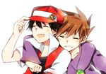  2boys badge baseball_cap black_hair brown_hair closed_eyes eyes_closed green_(pokemon) grin hat hug jewelry male male_focus multiple_boys necklace ookido_green open_mouth pokemon pokemon_(game) red_(pokemon) short_hair short_sleeves simple_background smile 