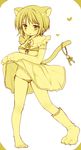  animal_ears barefoot bell cat_ears cat_paws cat_tail copyright_request dress dress_lift elbow_gloves full_body gloves heart jingle_bell matsusaka_gyuu monochrome panties paws ribbon shoes short_hair side-tie_panties single_shoe solo tail tail_ribbon underwear yellow 