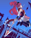  ado_(adonki) bare_shoulders black_legwear boots detached_sleeves dutch_angle food highres jumping mahou_shoujo_madoka_magica mouth_hold pocky polearm ponytail profile red_eyes red_hair sakura_kyouko solo spear thighhighs weapon 