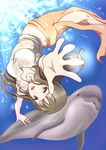  brown_eyes brown_hair dolphin freediving hanasaku_iroha highres long_hair open_mouth oshimizu_nako outstretched_arms reimaco smile solo spread_arms swimming underwater upside-down water 