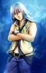  bad_id bad_pixiv_id green_eyes kingdom_hearts long_hair male_focus midriff riku silver_hair slee solo 