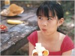  asian banana child eating food fruit japanese kasahara_shiori outdoors outside photo ponytail solo table 
