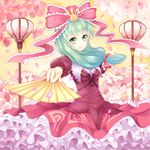  cherry_blossoms fan frills front_ponytail greave_(asterism) green_eyes green_hair hair_ribbon kagiyama_hina outstretched_arms red_hair ribbon smile solo touhou 