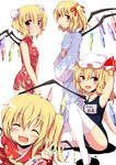  :d blonde_hair bun_cover chata_maru_(irori_sabou) china_dress chinese_clothes clone costume_chart double_bun dress flandre_scarlet four_of_a_kind_(touhou) frown hat japanese_clothes kimono multiple_girls name_tag one-piece_swimsuit open_mouth red_eyes school_swimsuit short_hair side_ponytail smile swimsuit thighhighs touhou white_legwear 