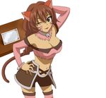  .hack//g.u. .hack//roots 1girl animal_ears bandai bell bike_shorts bracelet breasts briefcase brown_eyes brown_hair cat_ears collar cyber_connect_2 detached_sleeves female jewelry jingle_bell long_hair lowres midriff one_eye_closed pixiv_manga_sample shorts simple_background skyemerald solo tabby tan_skin thighhighs white_background wink 