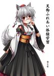  adapted_costume adjusting_eyewear animal_ears bad_id bad_pixiv_id bespectacled blush book embellished_costume fingerless_gloves glasses gloves hat inubashiri_momiji japanese_clothes kei_kei light_smile obi red_eyes sash short_hair silver_hair solo tail tokin_hat touhou translation_request white_hair wolf_ears wolf_tail 