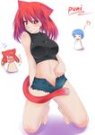  1girl animal_ears barefoot blue_hair blush breasts cat_ears cat_tail catstudioinc_(punepuni) chibi kaito kneeling large_breasts midriff no_panties older open_clothes open_fly open_mouth original puni_(miku_plus) red_eyes red_hair tail tongue tongue_out unzipped vocaloid 