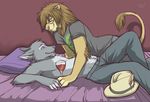  alcohol anthro bed beverage canine chest chin_tuft clothed clothing cuddle cuddling duo eyewear facial_hair feather fedora feline gay glasses goatee half-dressed hat jeans josh keihound lion logan_frost male mammal mane smile topless wine wine_glass wolf 