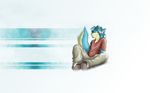  blue blue_eyes blue_hair canine hair long_blue_hair long_hair male sitting solo tail wallpaper weylyn wolf 