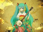  aqua_eyes aqua_hair bachi hatsune_miku instrument japanese_clothes kimono long_hair masu_yama obi plectrum sash shamisen solo twintails very_long_hair vocaloid 