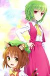  :d animal_ears ascot bad_id bad_pixiv_id blush brown_hair cat_ears cat_tail chen dress earrings fang green_hair hand_on_hip hat jewelry kazami_yuuka long_skirt multiple_girls multiple_tails open_mouth peru_(tokyoska4592) red_eyes short_hair skirt skirt_set smile tail touhou vest yellow_eyes 