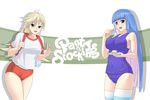  backpack bag blonde_hair blue_eyes blue_hair buruma food gym_uniform hachimen_sashi multicolored_hair multiple_girls one-piece_swimsuit panty_&amp;_stocking_with_garterbelt panty_(psg) pudding randoseru school_swimsuit spoon stocking_(psg) striped striped_legwear swimsuit thighhighs two-tone_hair 