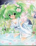  bad_id bad_pixiv_id barefoot blush bucket flower green_hair hair_flower hair_ornament japanese_clothes kisume marker_(medium) petals sakurai_tamako sample shikishi solo touhou traditional_media twintails water 