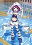  choker facial_mark green_eyes hands_on_headwear hat hat_tug jacket k+ loose_socks merry_nightmare midriff navel open_mouth purple_hair ripples skirt smile socks solo striped striped_legwear tank_top thighhighs water wood yumekui_merry 