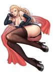  bad_id bad_pixiv_id black_legwear blonde_hair blue_eyes breasts cleavage elbow_gloves elf full_body gloves high_heels large_breasts legs lieqi_hun long_legs original pointy_ears shoes simple_background solo thighhighs thighs 