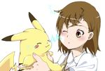  brown_eyes brown_hair crossover electricity gen_1_pokemon highres misaka_mikoto nyannyan-shion pikachu pokemon pokemon_(creature) power_connection school_uniform to_aru_kagaku_no_railgun to_aru_majutsu_no_index uniform 