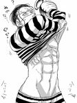  1boy ? abs amputee hook impel_down male male_focus monochrome muscle muscles navel one_piece pants prison_clothes prisoner scar shirt shirt_lift sir_crocodile solo stormsoul-kinkijakuyaku striped striped_clothes striped_pants striped_shirt struggle struggling undressing 