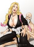  1girl arm_grab azasuke bald beard bleach blonde_hair blue_eyes breasts censored cfnm cleavage clothed_female_nude_male clothed_sex facial_hair girl_on_top highres japanese_clothes jewelry large_breasts long_hair looking_back matsumoto_rangiku mole necklace nipples nude old_man open_mouth penis pubic_hair pussy reverse_cowgirl reverse_cowgirl_position scar sex sitting straddle straddling sweat torn_clothes vaginal white_hair yamamoto-genryuusai_shigekuni yamamoto_genryuusai 