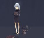  bad_id bad_pixiv_id barefoot blue_eyes book copyright_request grey_hair highres nimirom solo 