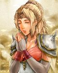  blonde_hair bridal_gauntlets cape earrings eyes_closed female final_fantasy final_fantasy_iv jewelry leotard long_hair outdoors ponytail rink_rhc rosa_farrell shoulder_pads sky solo tiara 