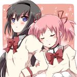  akamomo akemi_homura arm_grab bad_id bad_pixiv_id black_hair blonde_hair blush closed_eyes hairband kaname_madoka mahou_shoujo_madoka_magica mitakihara_school_uniform multiple_girls pink_hair purple_eyes school_uniform short_hair twintails upper_body 