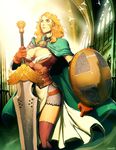  bird blonde_hair breasts cape church cleavage genzoman large_breasts original shield solo sword weapon 