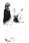  apple art_brush bucket canvas_(object) copyright_request food fork from_behind fruit full_body greyscale knife monochrome paintbrush shawl solo sousou_(sousouworks) spoon 